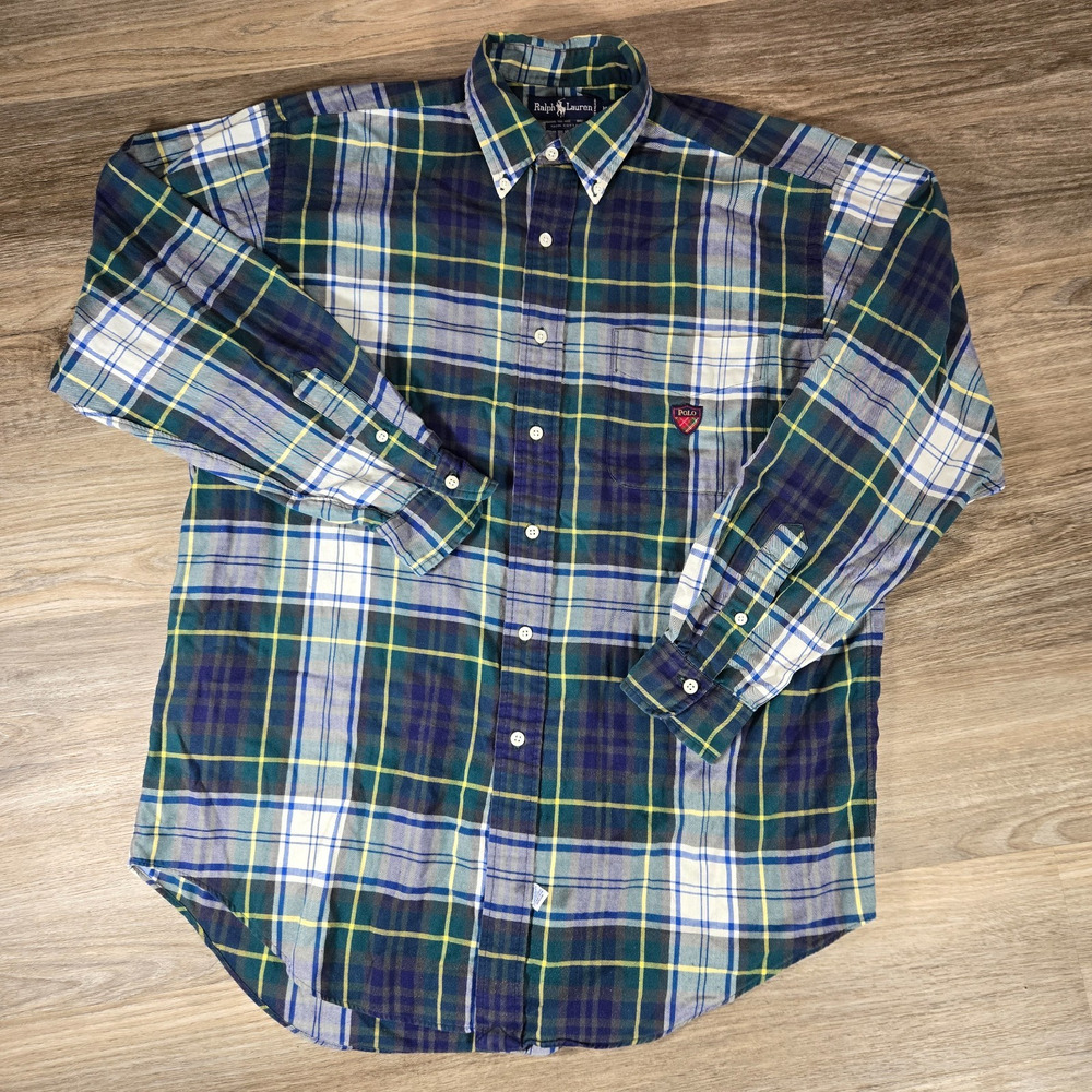 Vintage Polo Ralph Lauren Golf Shirt Mens M Green Plaid Button Up Crest Logo 90s
